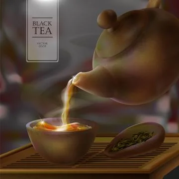 Vector 3d illustration of a tea ceremony. From the kettle filled with hot cup Stock Illustration