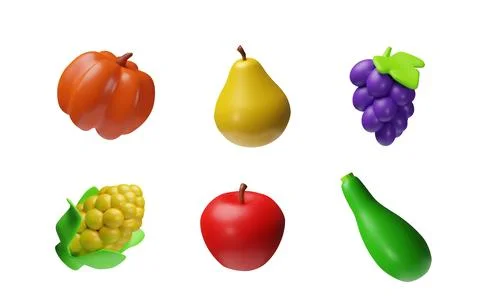 Vector 3D image of pumpkin, corn, apple, squash, grapes and pears on a white Illustrazione stock