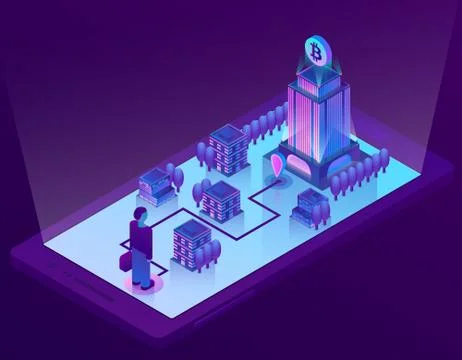 Vector 3d isometric concept with bitcoin mining Stock-Illustration