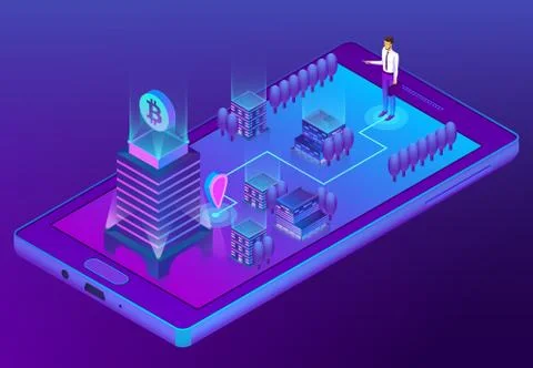 Vector 3d isometric concept with bitcoin mining Ilustración de archivo