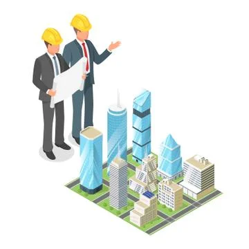 Vector 3d isometric concept of businessman or engeneer in hard hat Illustrazione stock
