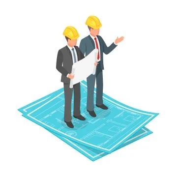 Vector 3d isometric concept of businessman or engineer in hard hat with archi Stock Illustration