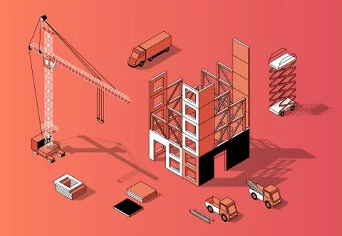 Vector 3d isometric construction concept, building exterior Ilustración de archivo