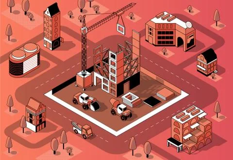 Vector 3d isometric construction site, building exterior Illustrazione stock