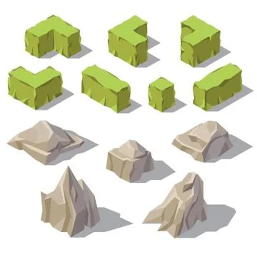 Vector 3d isometric green bushes, stones, rocks Stock-Illustration