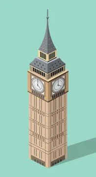 Vector 3d isometric icon of Big Ben with flat style background and shadow Stock Illustration