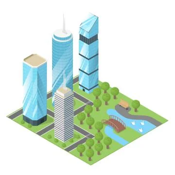 Vector 3d isometric illustration of city buildings and  park. Stock Illustration