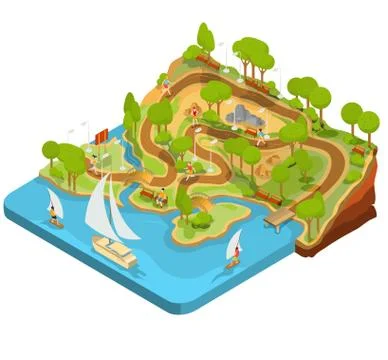 Vector 3D isometric illustration of cross section of a landscape park with a Ilustração Stock