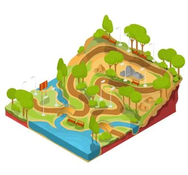 Vector 3D isometric illustration of cross section of a landscape park with a Ilustración de archivo