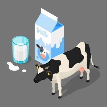 Vector 3d isometric illustration of milk packing, glass of milk Stock Illustration