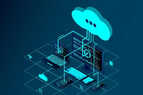 Vector 3d isometric illustration network with computer, laptop, tablet, and s Ilustración de archivo