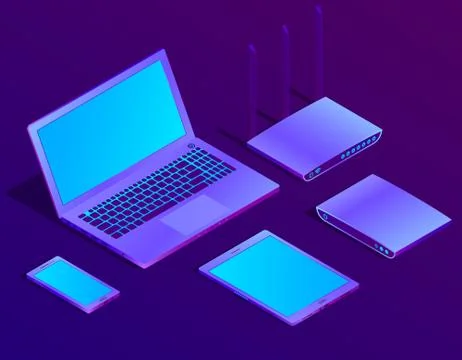 Vector 3d isometric laptop, router with wi-fi Stockillustratie