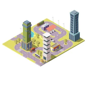 Vector 3d isometric map of city with buildings Illustrazione stock