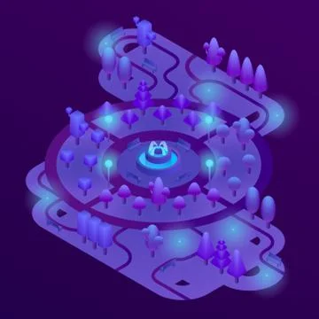 Vector 3d isometric park with purple plants Ilustración de archivo