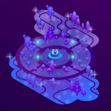Vector 3d isometric park with purple plants Ilustración de archivo