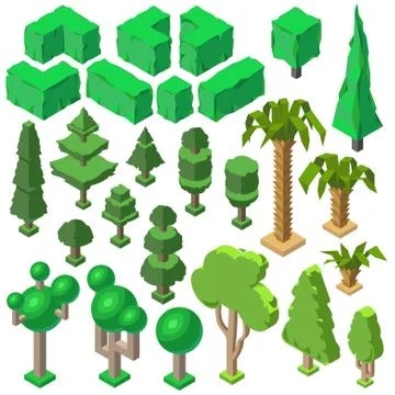 Vector 3d isometric plants, trees, bushes, palms Stock Illustration