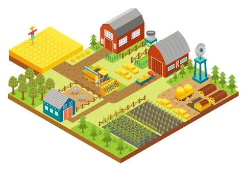 Vector 3d isometric rural farm with mill, garden field, trees, tractor combine Stock Illustration