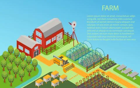 Vector 3d isometric rural farm concept background with mill, garden field, trees Stock Illustration