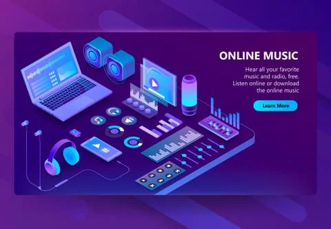 Vector 3d isometric site of listening music Illustrazione stock