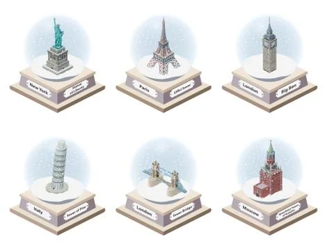 Vector 3d isometric snow globes with world famous landmarks inside Stock Illustration