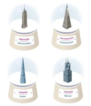 Vector 3d isometric snow globes with world famous landmarks inside. Stock Illustration