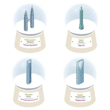Vector 3d isometric snow globes with world famous landmarks inside Stock Illustration