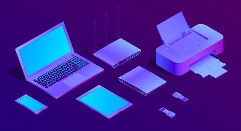 Vector 3d isometric ultraviolet laptop, printer Illustrazione stock