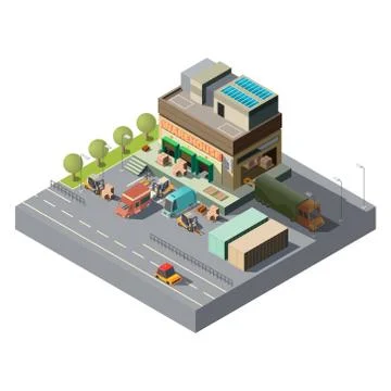 Vector 3d isometric warehouse, trucks for shipping イラスト素材
