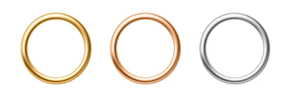 Vector 3d Metal Ring Set. Gold Copper and Silver Ring Frames Isolated. Metallic 스톡 일러스트