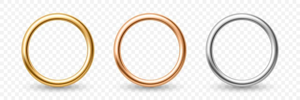 Vector 3d Metal Ring Set. Golden, Bronze, Silver Ring Frames Isolated. Metall Illustrazione stock