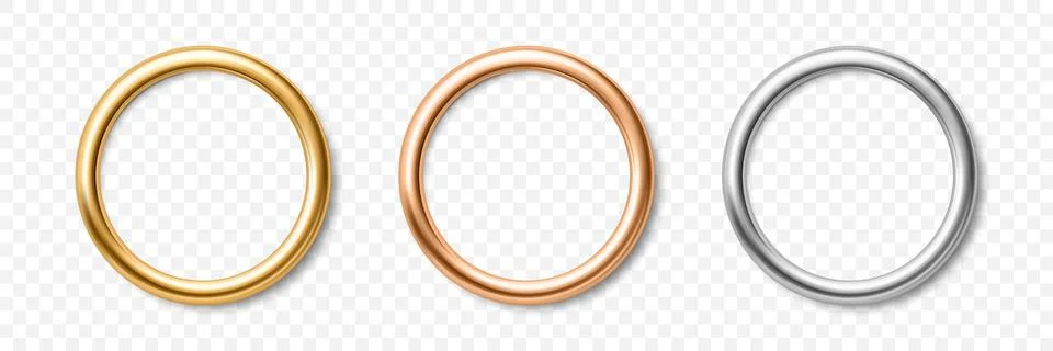 Vector 3d Metal Ring Set. Golden, Bronze, Silver Ring Frames Isolated. Metall Stock Illustration