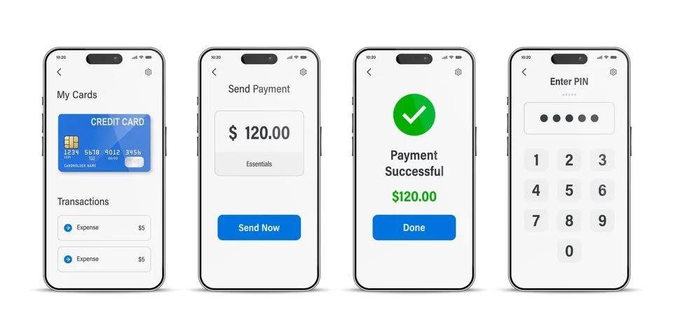 Vector 3d Mobile Payment App, Front View. Digital Wallet Screens with Credi.. Stock Illustration