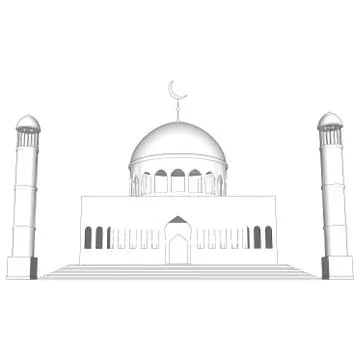 Vector 3d mosque silhouette in night sky with crescent moon and star Ilustração Stock