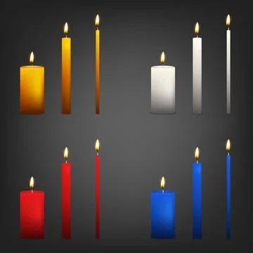 Vector 3d Multicolor Candle Set. Realistic Candles, Blue Red White and Gold Stock Illustration