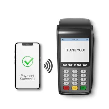 Vector 3d NFC Payment Machine and Smartphone. Payment Succesful. Approved Illustrazione stock