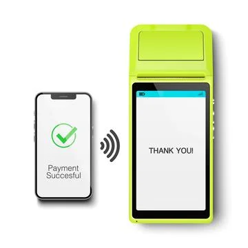 Vector 3d NFC Payment Machine and Smartphone. Payment Succesful. Approved Stock Illustration