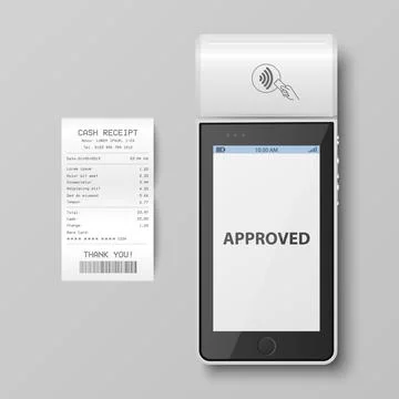 Vector 3d NFC Payment Machine with Approved Status, Paper Check, Receipt Stock Illustration