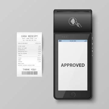 Vector 3d NFC Payment Machine with Approved Status, Paper Check, Receipt Illustrazione stock