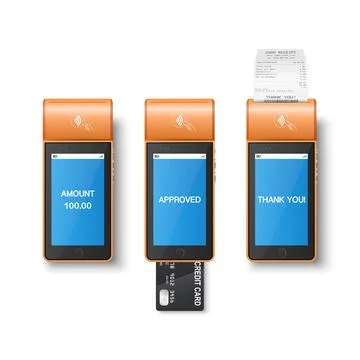 Vector 3d Orange NFC Payment Machine with Approved Status and Paper Receipt Stock Illustration