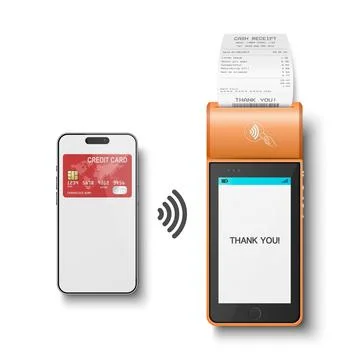 Vector 3d Orange NFC Payment Terminal with Smartphone Closeup. Approved Payment Stock Illustration