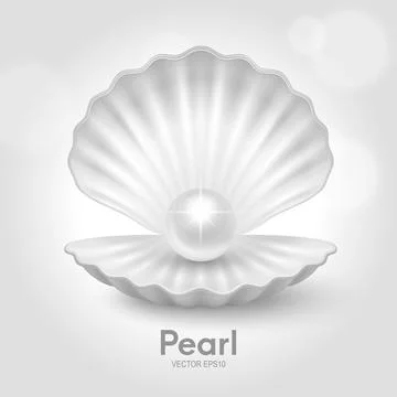 Vector 3d Pearl in Open Seashell with Shiny Pearl Gem for Jewelry Design. Luxury Illustrazione stock