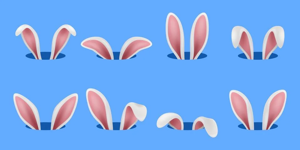 Vector 3d Peeking Bunny Ears Set in Different Styles for Easter and Spring Stock Illustration