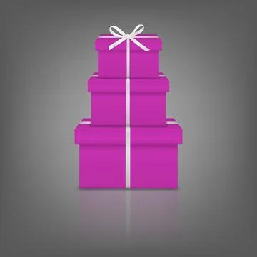 Vector 3d Pink Gift Box Tower on Dark Background. Three Stacked Purple Present Stock Illustration
