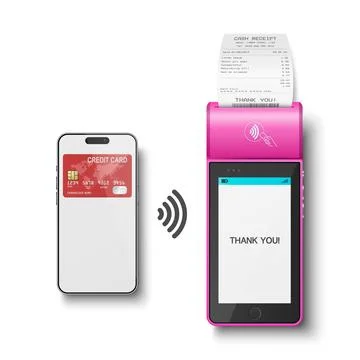 Vector 3d Pink NFC Payment Terminal with Smartphone Closeup. Approved Payme.. Stock Illustration