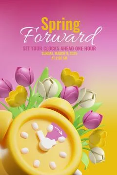 Vector 3D poster with alarm clock and flowers on yellow and red background. Stock Illustration