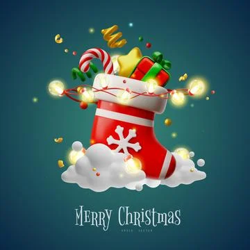 Vector 3D poster with Santa's sock with gift, lollipop, stars and glowing Stock Illustration