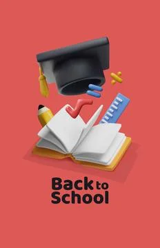 Vector 3D poster with student hat, open book, blank pages, math signs, ribbon Stock Illustration