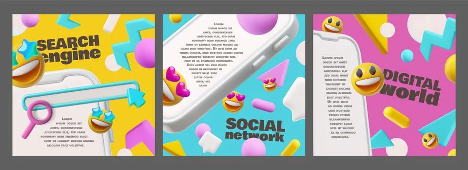 Vector 3D posters with smiling emojis, search stack and messages in the digital 스톡 일러스트
