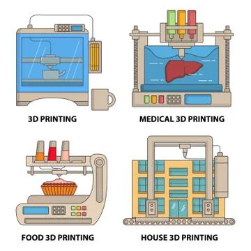 Vector 3d printer flat thin line icon set Stock Illustration