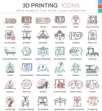 Vector 3d printing color line outline icons for apps and web design. Future 3d Stock Illustration